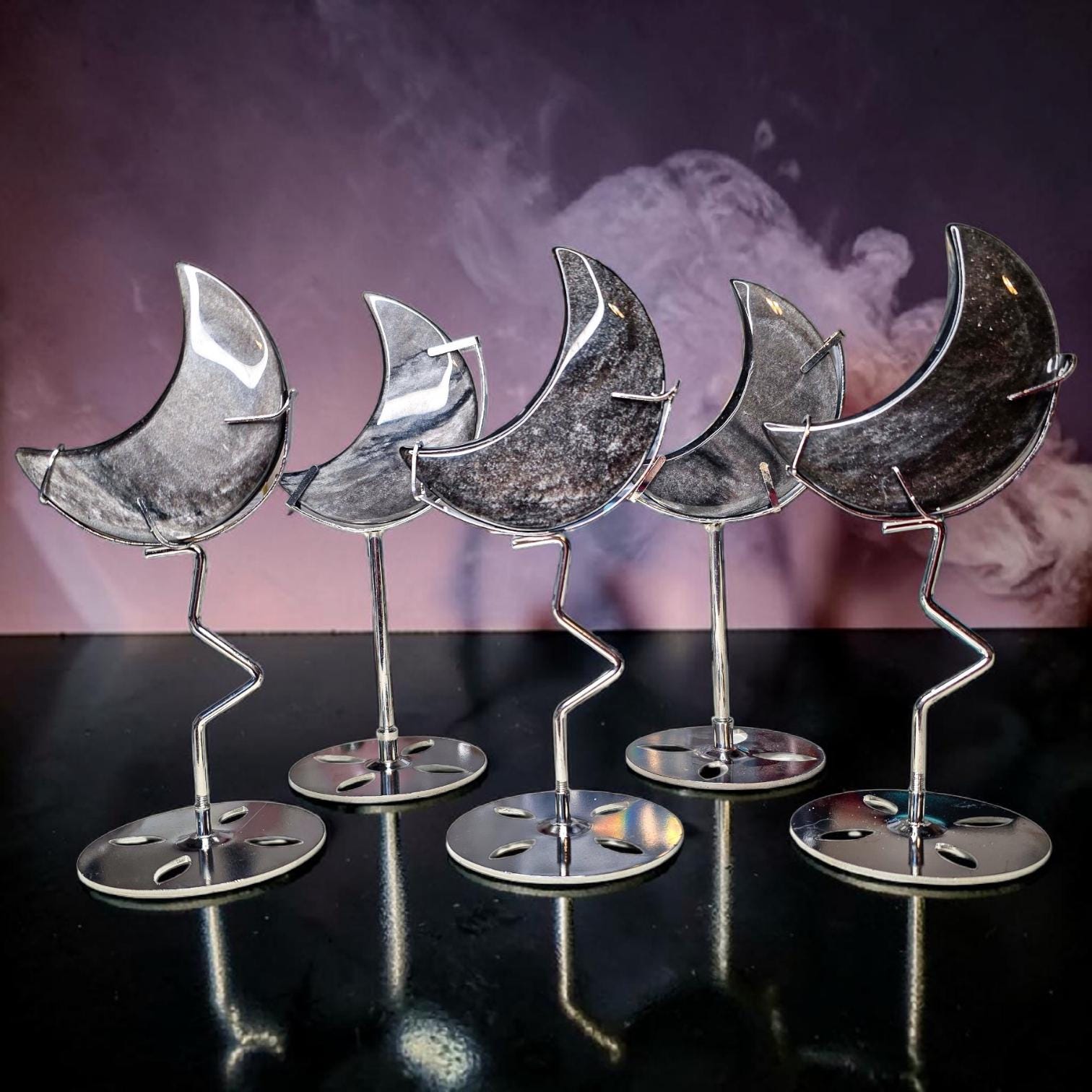 Silver Sheen Obsidian Moon with Silver Metal Stand, Black Crescent Moon Carving, Celestial Home Decor, Flashy Volcanic Glass, Witchy Gift