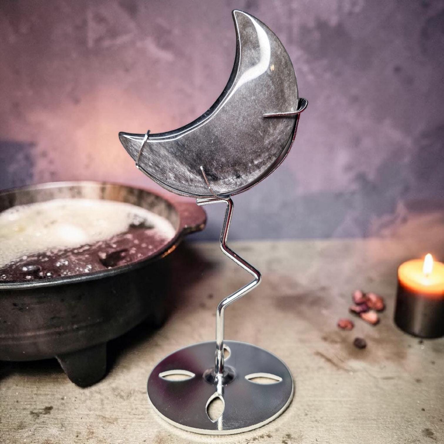 Silver Sheen Obsidian Moon with Silver Metal Stand, Black Crescent Moon Carving, Celestial Home Decor, Flashy Volcanic Glass, Witchy Gift