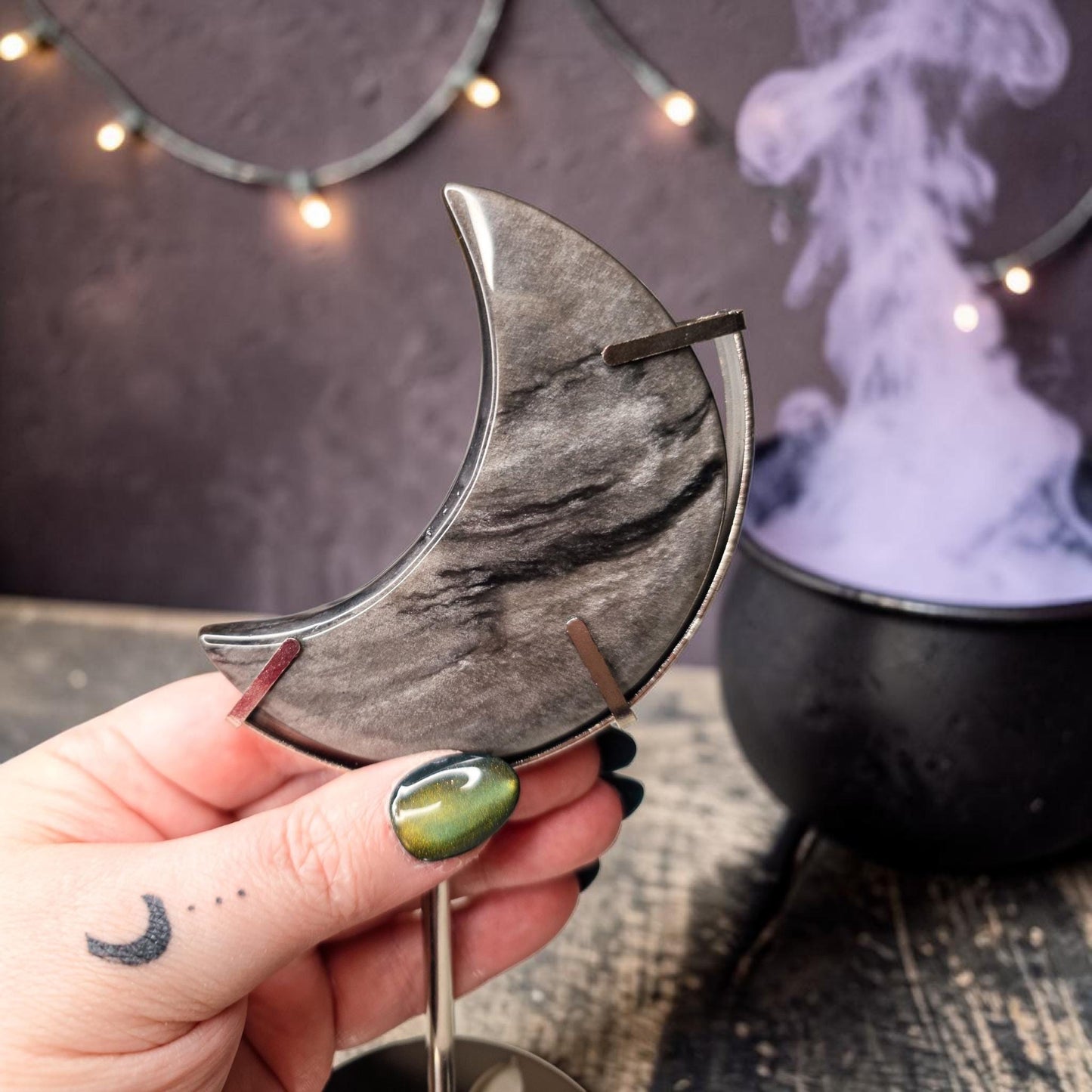 Silver Sheen Obsidian Moon with Silver Metal Stand, Black Crescent Moon Carving, Celestial Home Decor, Flashy Volcanic Glass, Witchy Gift
