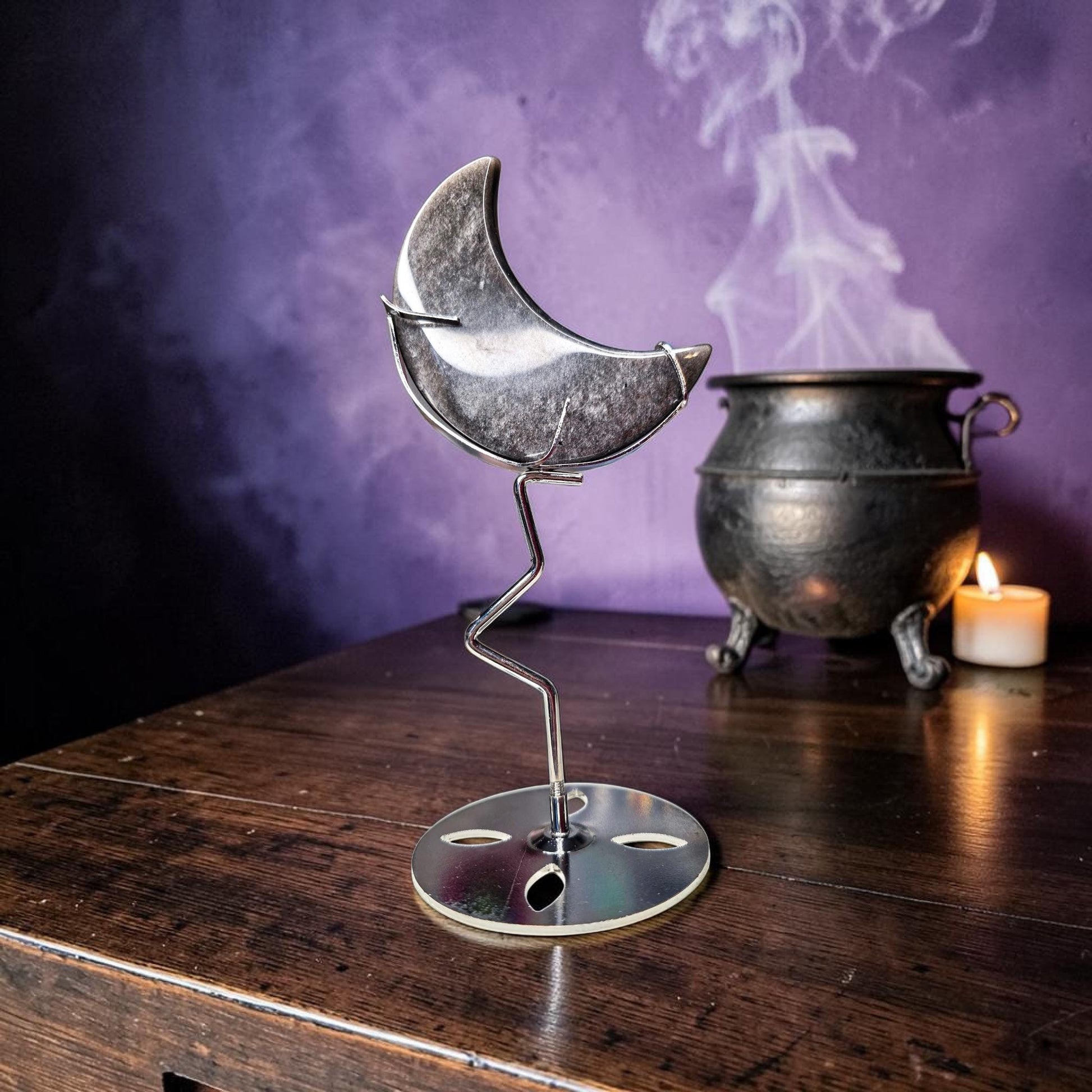 Silver Sheen Obsidian Moon with Silver Metal Stand, Black Crescent Moon Carving, Celestial Home Decor, Flashy Volcanic Glass, Witchy Gift