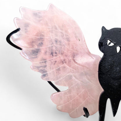 Rose Quartz Owl Wings on Custom Stand, Dark Feminine Crystal Decor, Ethereal Pink Stone Carving, Gift for Eclectic Soul