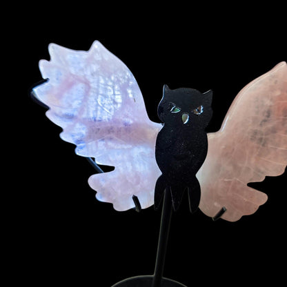 Rose Quartz Owl Wings on Custom Stand, Dark Feminine Crystal Decor, Ethereal Pink Stone Carving, Gift for Eclectic Soul