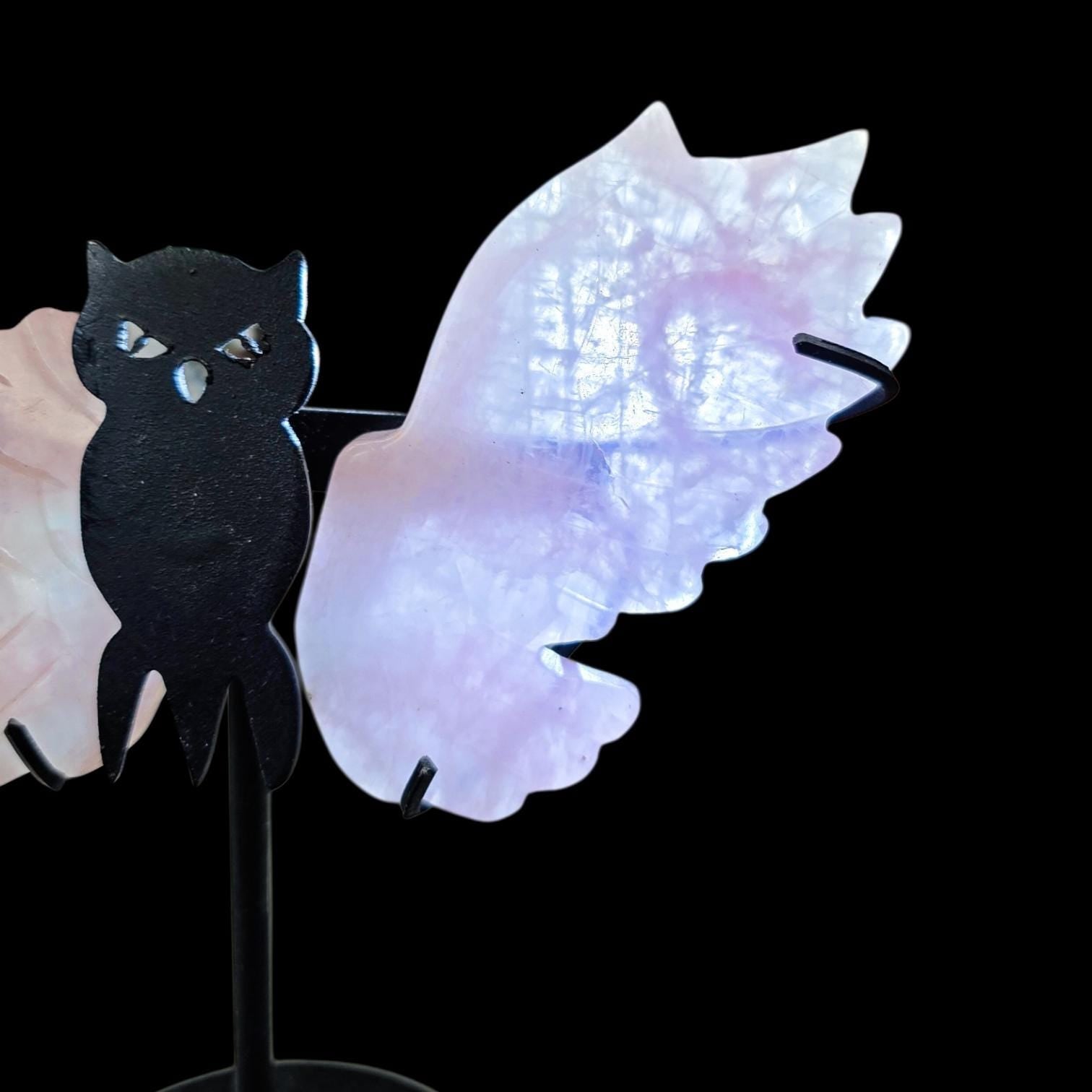 Rose Quartz Owl Wings on Custom Stand, Dark Feminine Crystal Decor, Ethereal Pink Stone Carving, Gift for Eclectic Soul