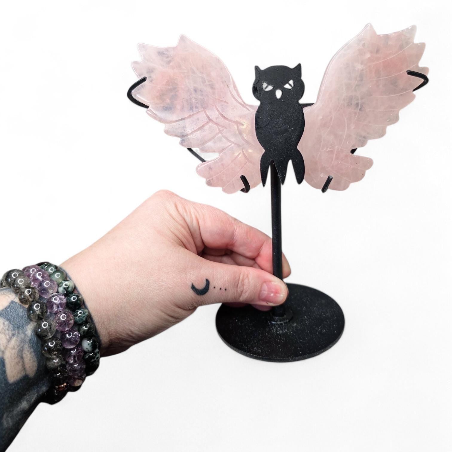 Rose Quartz Owl Wings on Custom Stand, Dark Feminine Crystal Decor, Ethereal Pink Stone Carving, Gift for Eclectic Soul