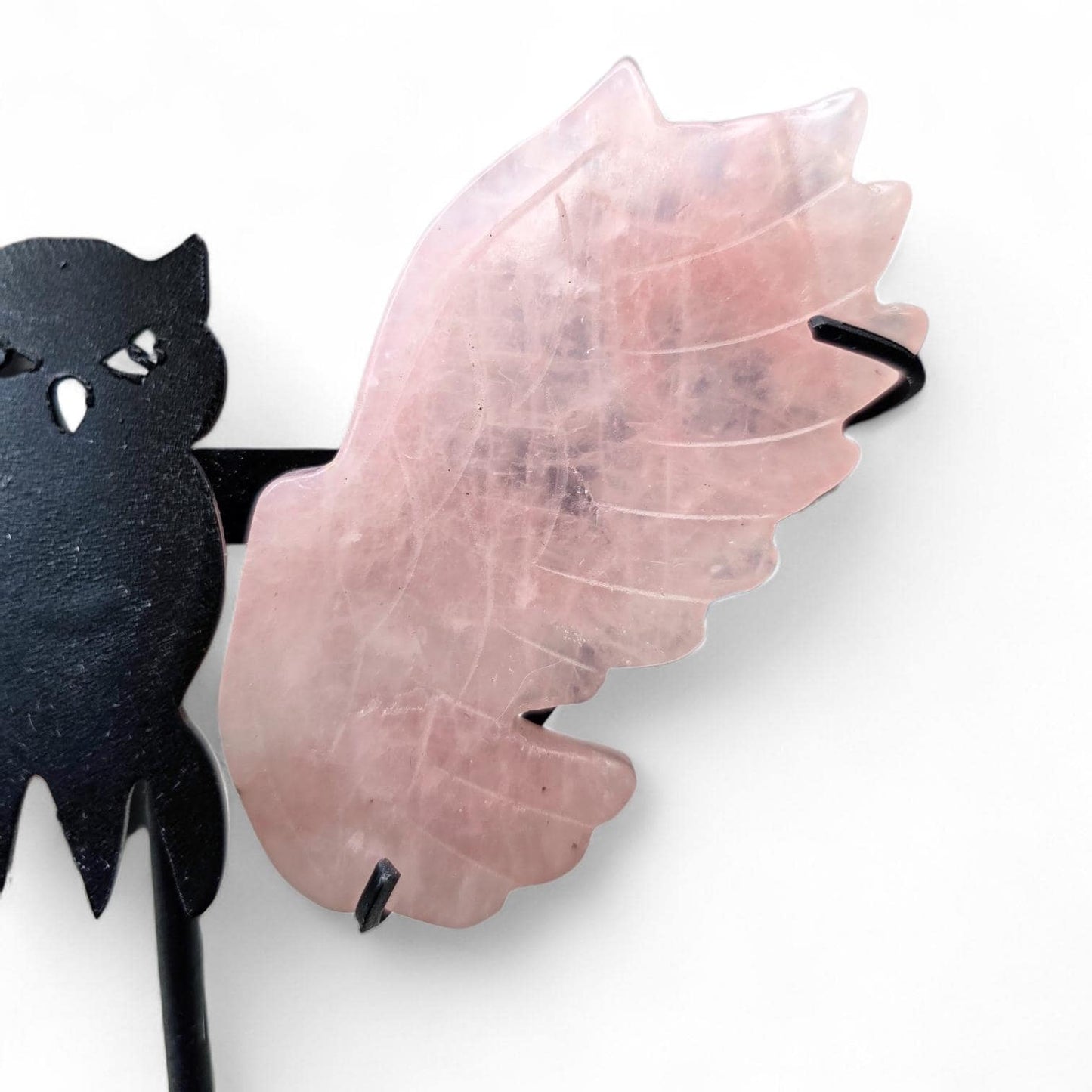 Rose Quartz Owl Wings on Custom Stand, Dark Feminine Crystal Decor, Ethereal Pink Stone Carving, Gift for Eclectic Soul