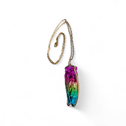 Rainbow Aura Quartz Cicada Necklace, Iridescent Insect Pendant on 20" Gold Stainless Steel Chain, Symbolic Gift for Transformation