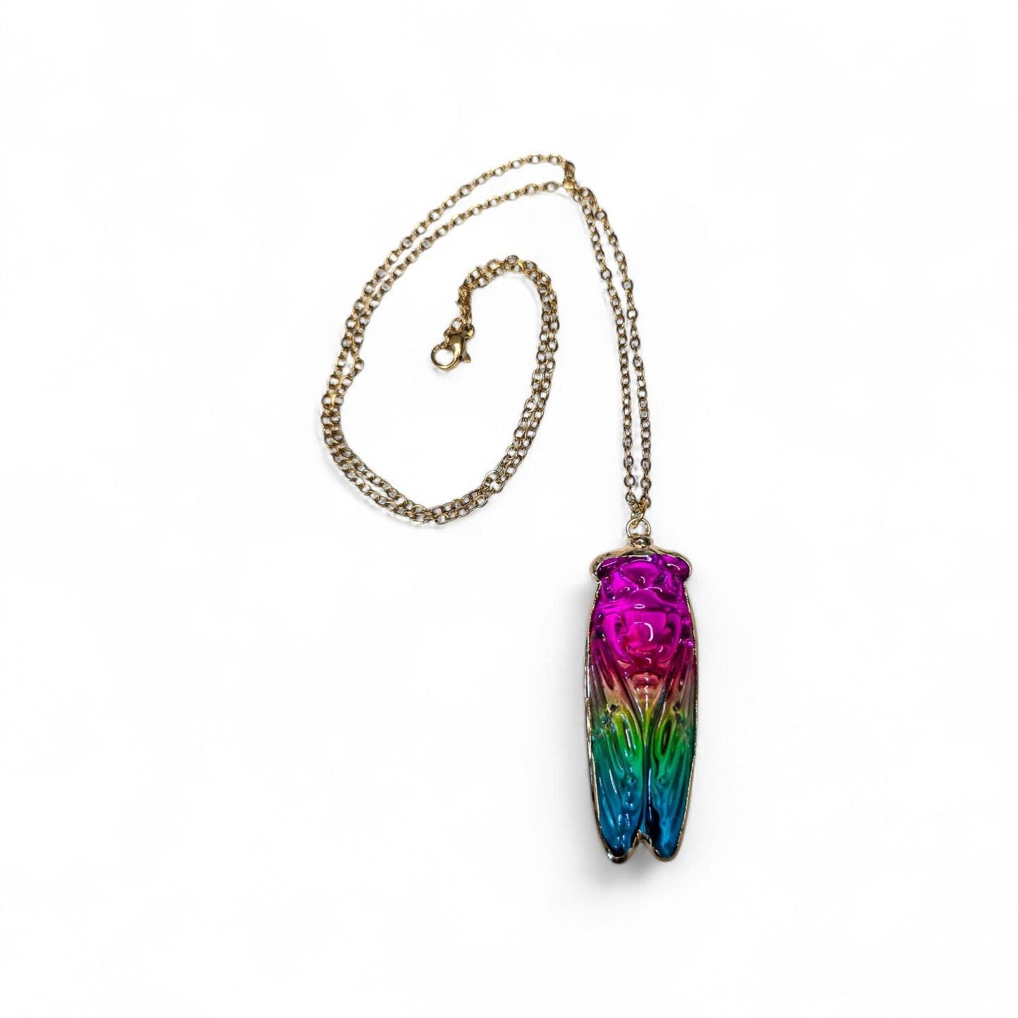 Rainbow Aura Quartz Cicada Necklace, Iridescent Insect Pendant on 20" Gold Stainless Steel Chain, Symbolic Gift for Transformation