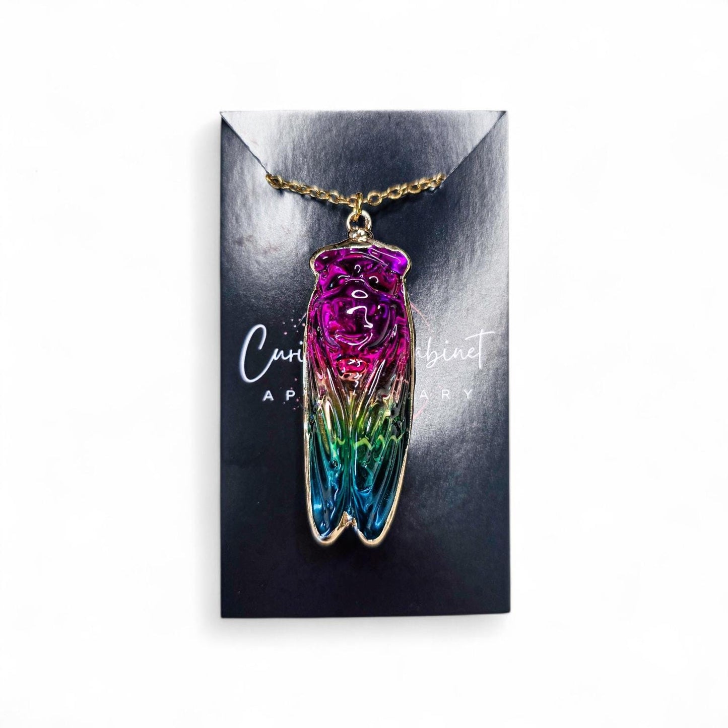 Rainbow Aura Quartz Cicada Necklace, Iridescent Insect Pendant on 20" Gold Stainless Steel Chain, Symbolic Gift for Transformation