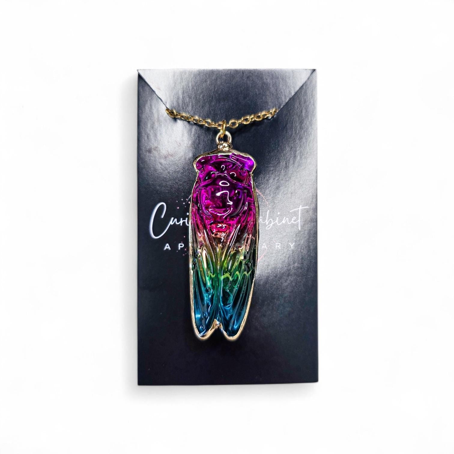 Rainbow Aura Quartz Cicada Necklace, Iridescent Insect Pendant on 20" Gold Stainless Steel Chain, Symbolic Gift for Transformation