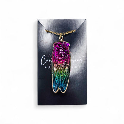 Rainbow Aura Quartz Cicada Necklace, Iridescent Insect Pendant on 20" Gold Stainless Steel Chain, Symbolic Gift for Transformation