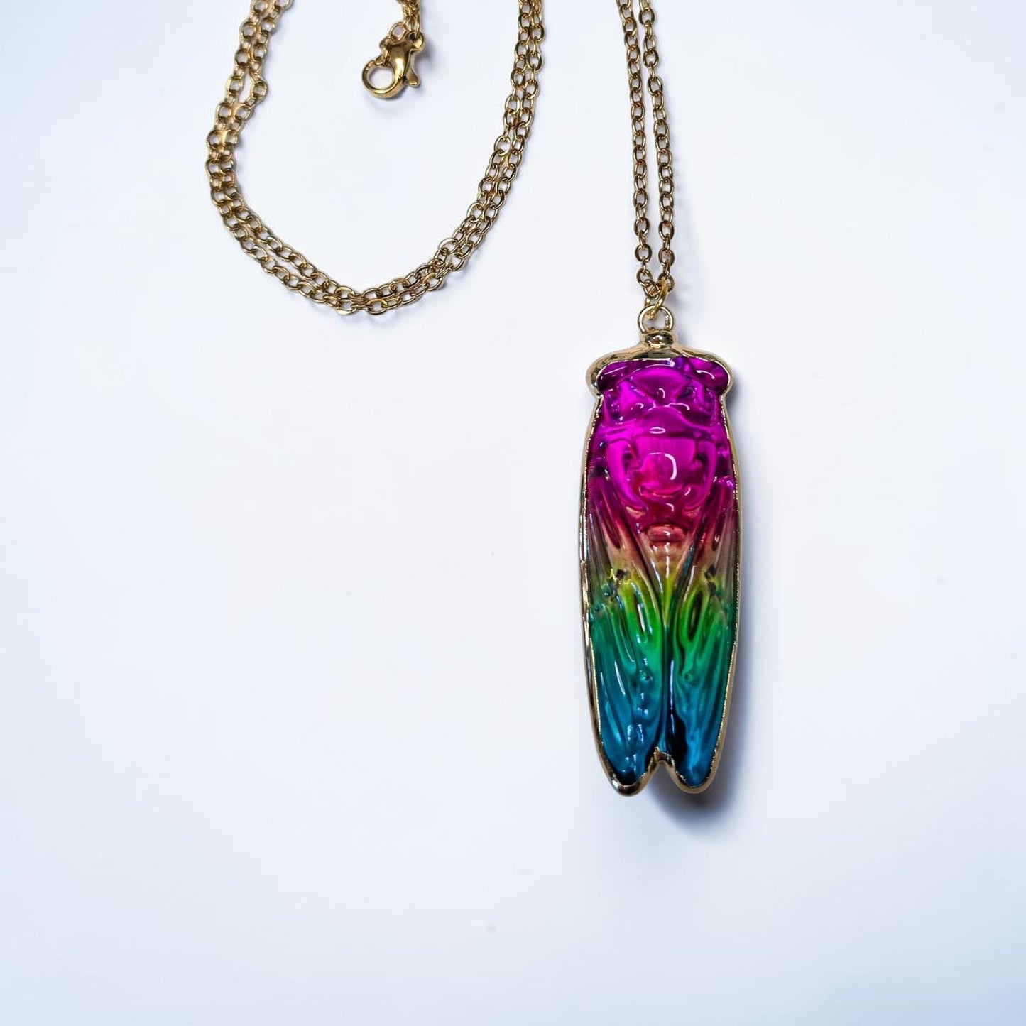 Rainbow Aura Quartz Cicada Necklace, Iridescent Insect Pendant on 20" Gold Stainless Steel Chain, Symbolic Gift for Transformation