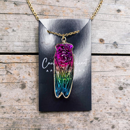 Rainbow Aura Quartz Cicada Necklace, Iridescent Insect Pendant on 20" Gold Stainless Steel Chain, Symbolic Gift for Transformation