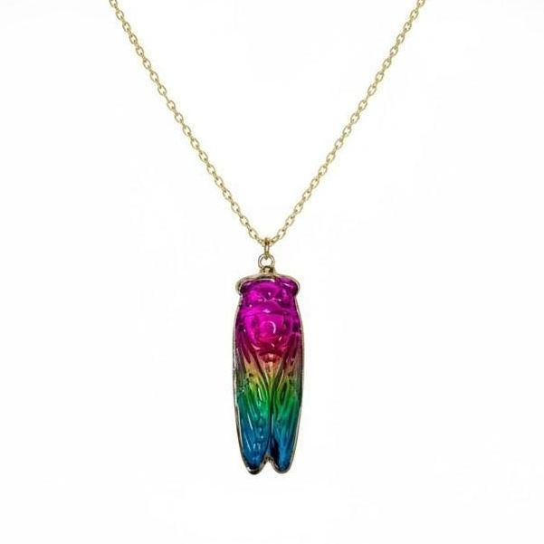 Rainbow Aura Quartz Cicada Necklace, Iridescent Insect Pendant on 20" Gold Stainless Steel Chain, Symbolic Gift for Transformation