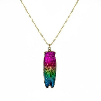 Rainbow Aura Quartz Cicada Necklace, Iridescent Insect Pendant on 20" Gold Stainless Steel Chain, Symbolic Gift for Transformation