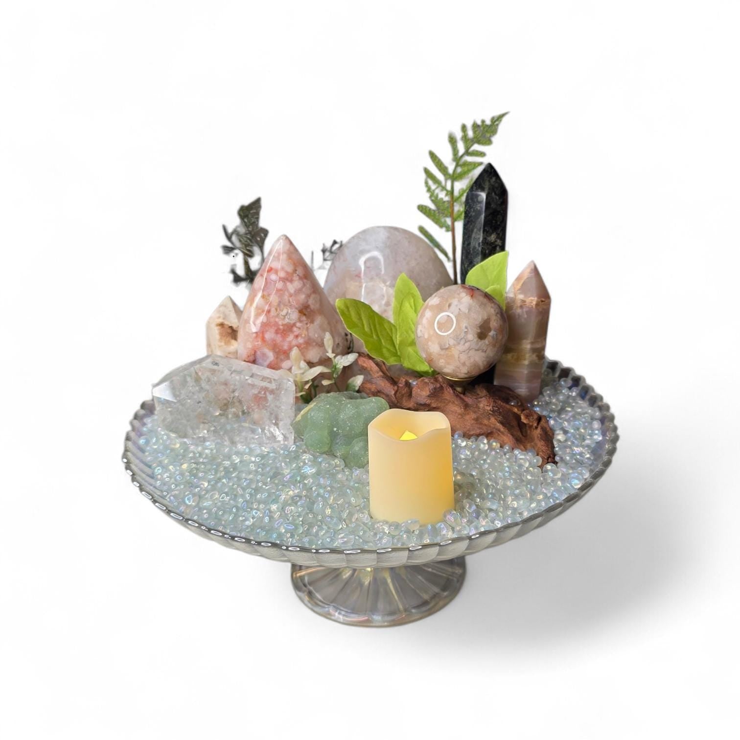 Crystal Garden Kit on Iridescent Pedestal, DIY Altar Sanctuary, Flower Agate Sphere & Rainbow Clear Quartz, Large Aesthetic Collection Gift