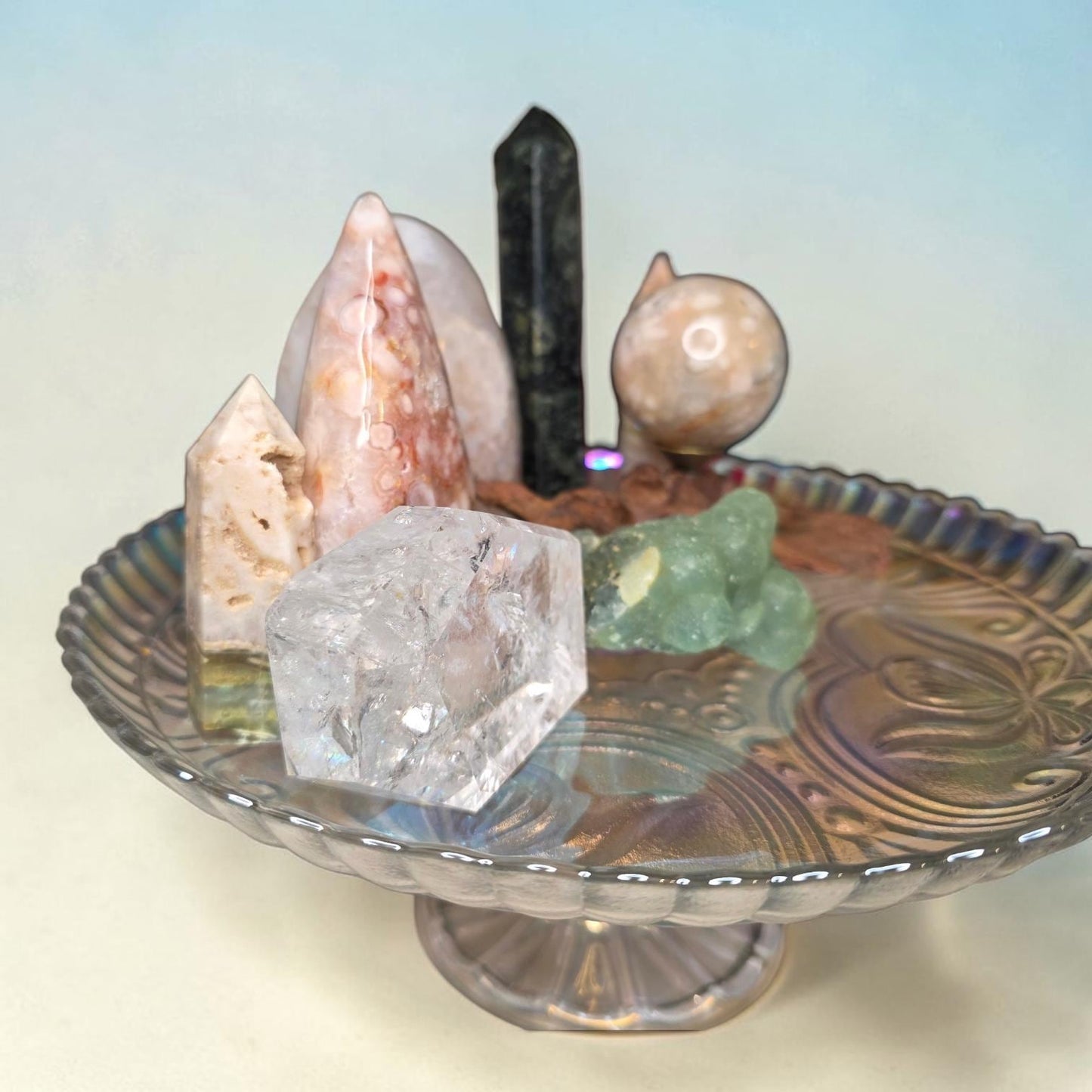 Crystal Garden Kit on Iridescent Pedestal, DIY Altar Sanctuary, Flower Agate Sphere & Rainbow Clear Quartz, Large Aesthetic Collection Gift