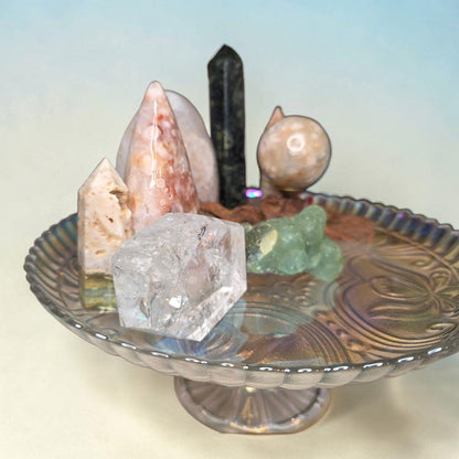 Crystal Garden Kit on Iridescent Pedestal, DIY Altar Sanctuary, Flower Agate Sphere & Rainbow Clear Quartz, Large Aesthetic Collection Gift