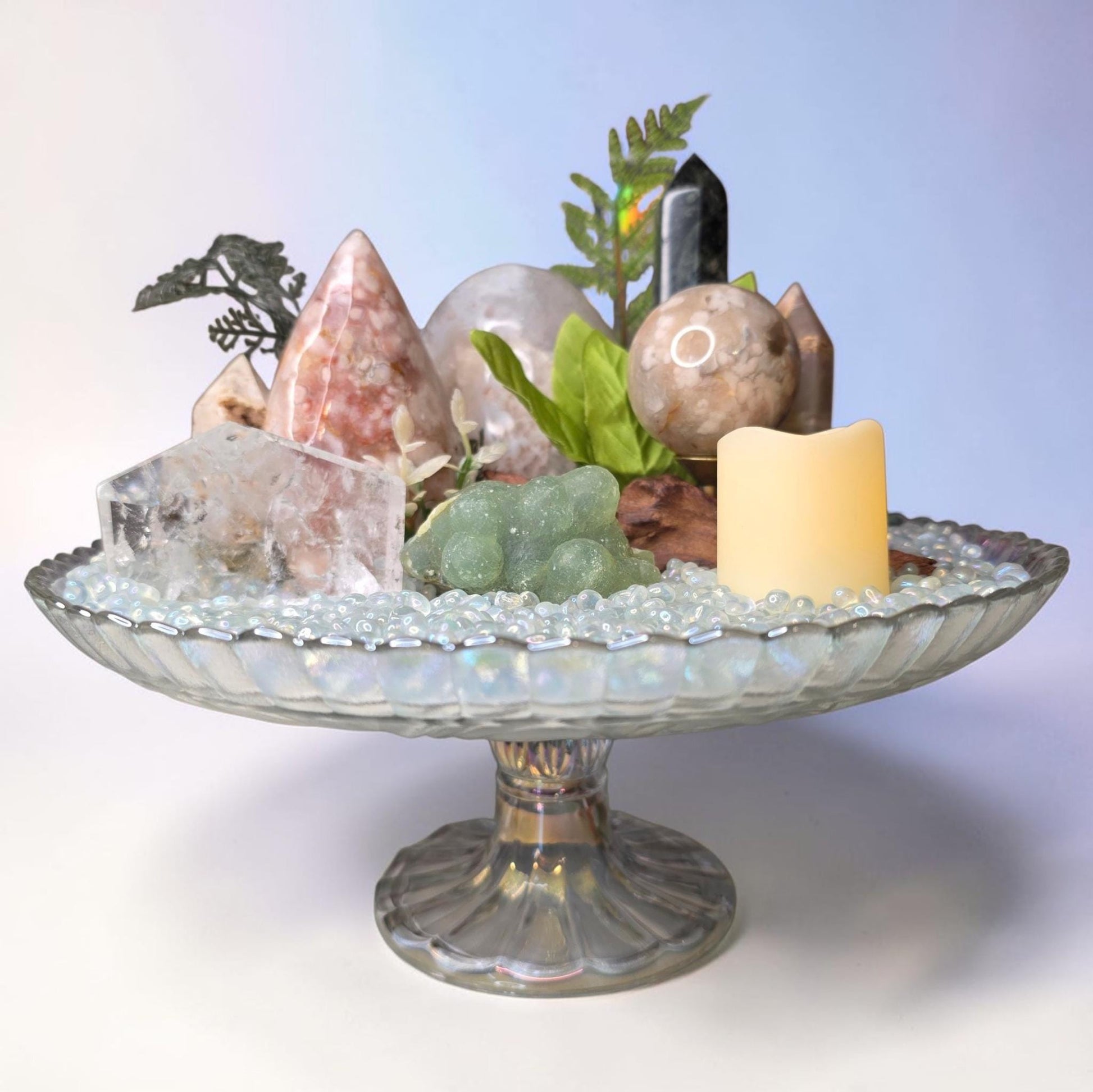 Crystal Garden Kit on Iridescent Pedestal, DIY Altar Sanctuary, Flower Agate Sphere & Rainbow Clear Quartz, Large Aesthetic Collection Gift