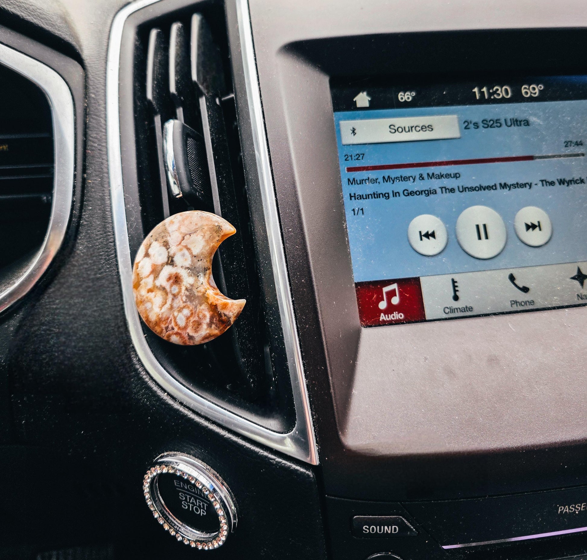 Flower Agate Moon Car Vent Clip - Unique Carved Crystal Car Charm - Natural Metaphysical Stone Decor