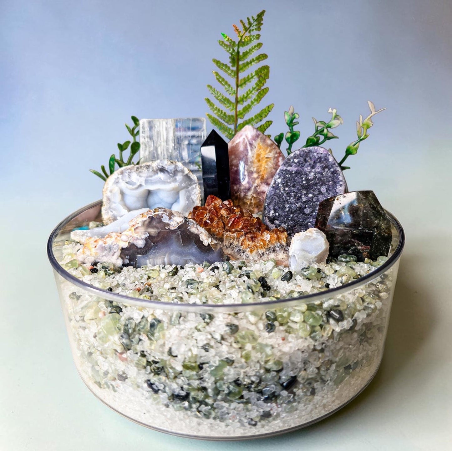Large Spinning Crystal Garden Kit, 3kg Clear Quartz & Prehnite Chips, Blue Lace Agate Druzy and Pink Amethyst, 9" Rotating Mineral Display