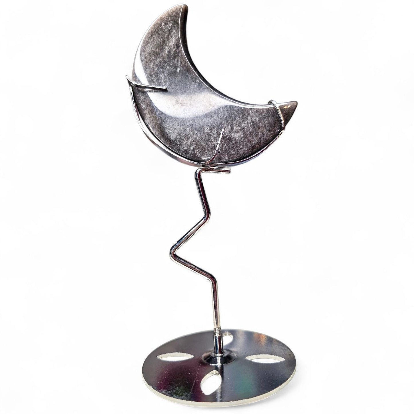 Silver Sheen Obsidian Moon with Silver Metal Stand, Black Crescent Moon Carving, Celestial Home Decor, Flashy Volcanic Glass, Witchy Gift