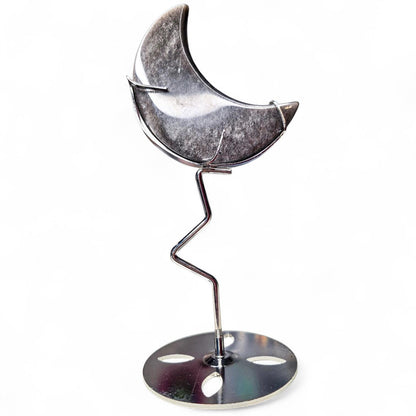 Silver Sheen Obsidian Moon with Silver Metal Stand, Black Crescent Moon Carving, Celestial Home Decor, Flashy Volcanic Glass, Witchy Gift