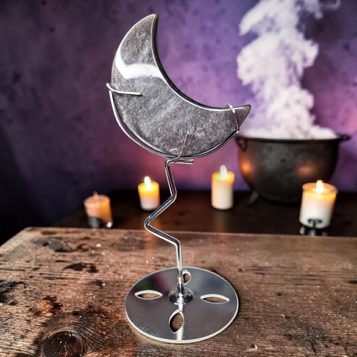 Silver Sheen Obsidian Moon with Silver Metal Stand, Black Crescent Moon Carving, Celestial Home Decor, Flashy Volcanic Glass, Witchy Gift