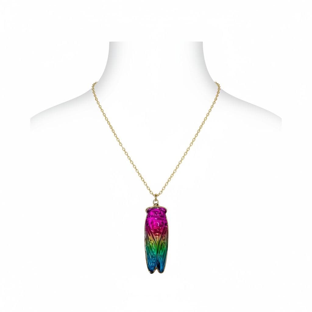 Rainbow Aura Quartz Cicada Necklace, Iridescent Insect Pendant on 20" Gold Stainless Steel Chain, Symbolic Gift for Transformation