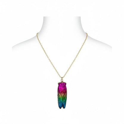 Rainbow Aura Quartz Cicada Necklace, Iridescent Insect Pendant on 20" Gold Stainless Steel Chain, Symbolic Gift for Transformation