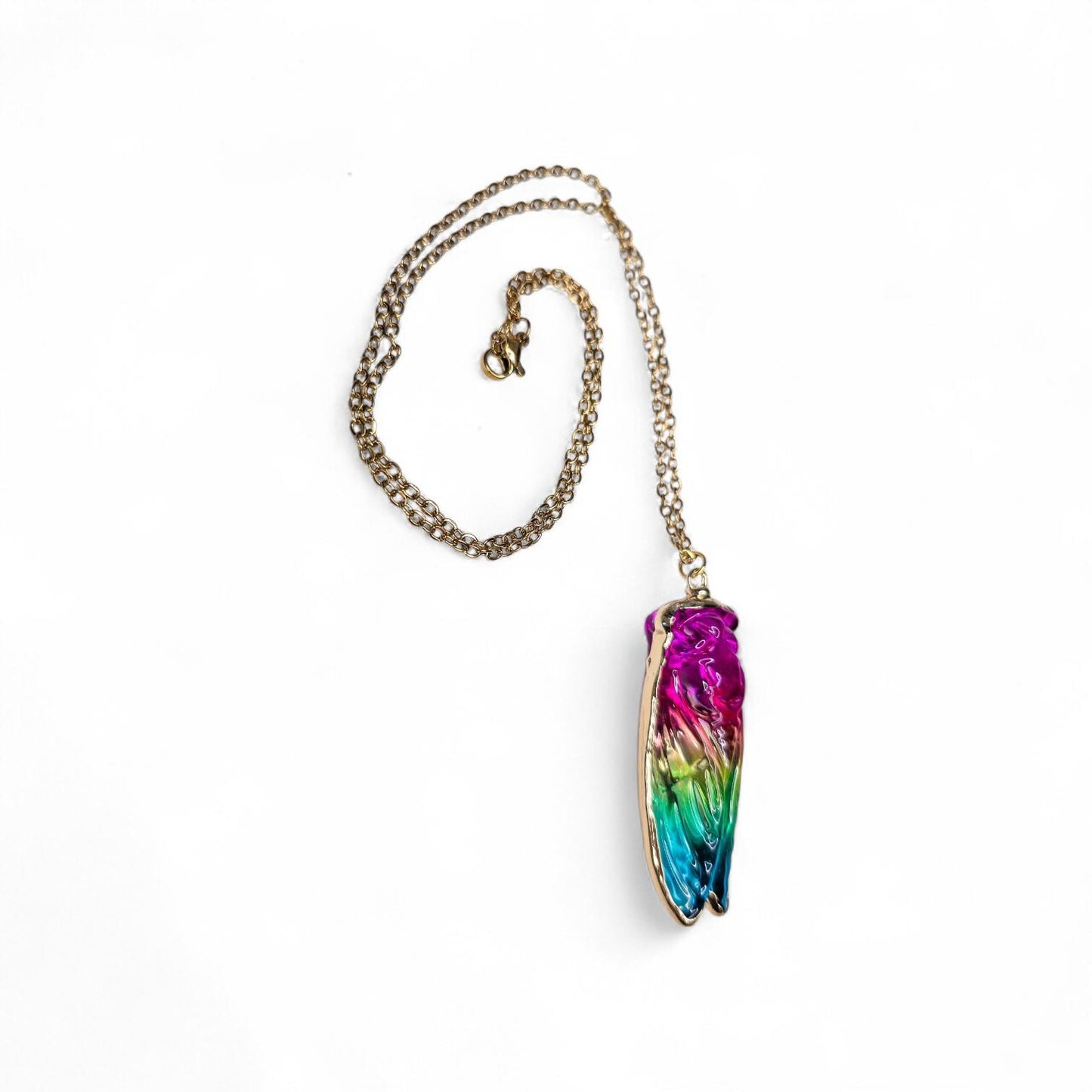 Rainbow Aura Quartz Cicada Necklace, Iridescent Insect Pendant on 20" Gold Stainless Steel Chain, Symbolic Gift for Transformation