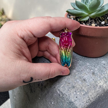 Rainbow Aura Quartz Cicada Necklace, Iridescent Insect Pendant on 20" Gold Stainless Steel Chain, Symbolic Gift for Transformation