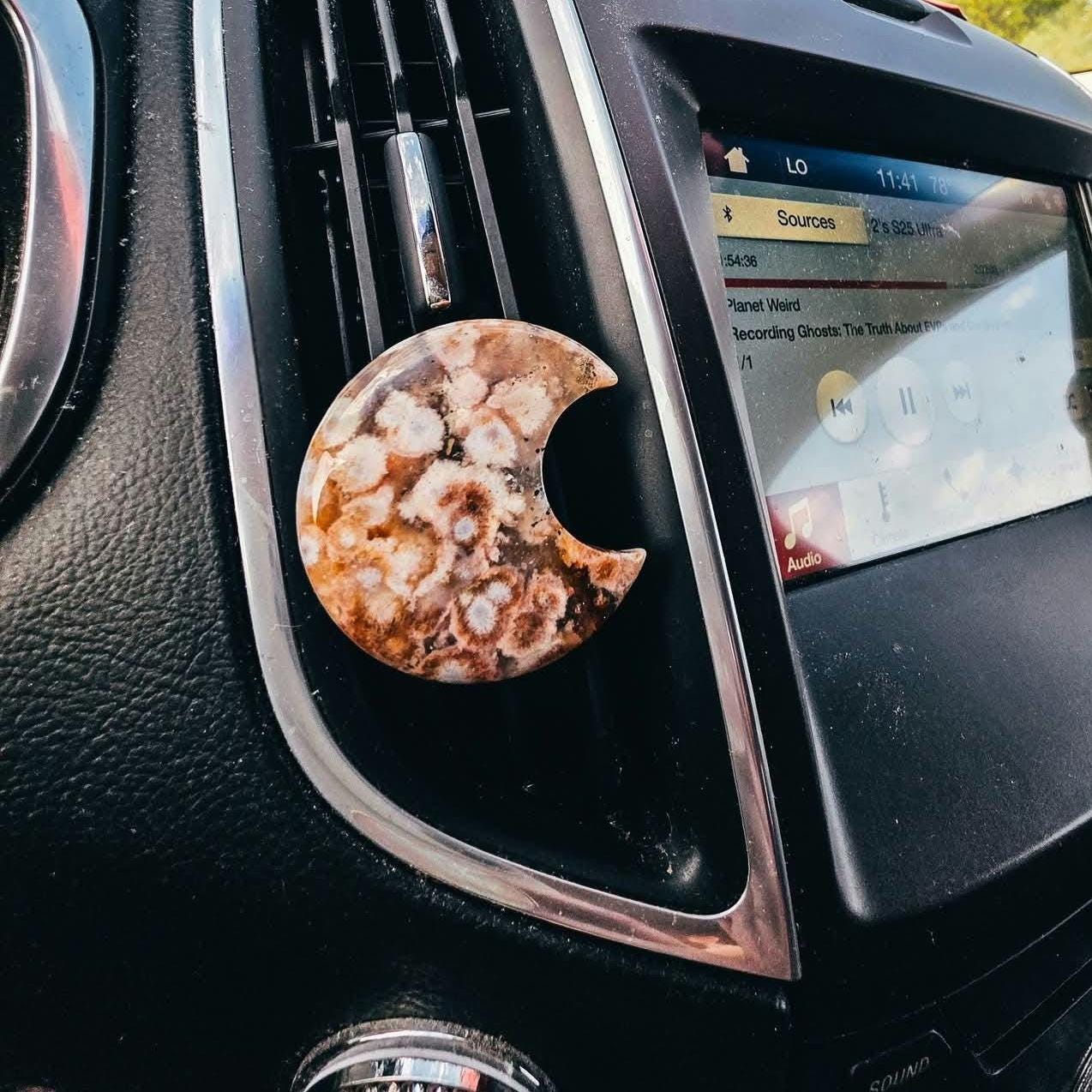 Flower Agate Moon Car Vent Clip - Unique Carved Crystal Car Charm - Natural Metaphysical Stone Decor
