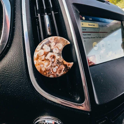 Flower Agate Moon Car Vent Clip - Unique Carved Crystal Car Charm - Natural Metaphysical Stone Decor
