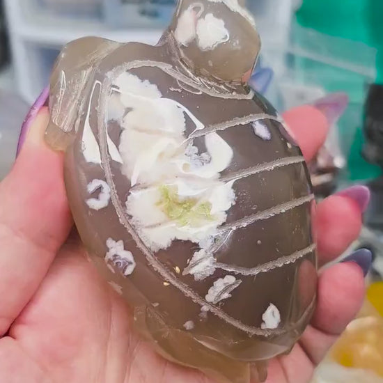 Large Hand-Carved Flower Agate Turtle Natural Decor Piece | Unique Collector's Stone