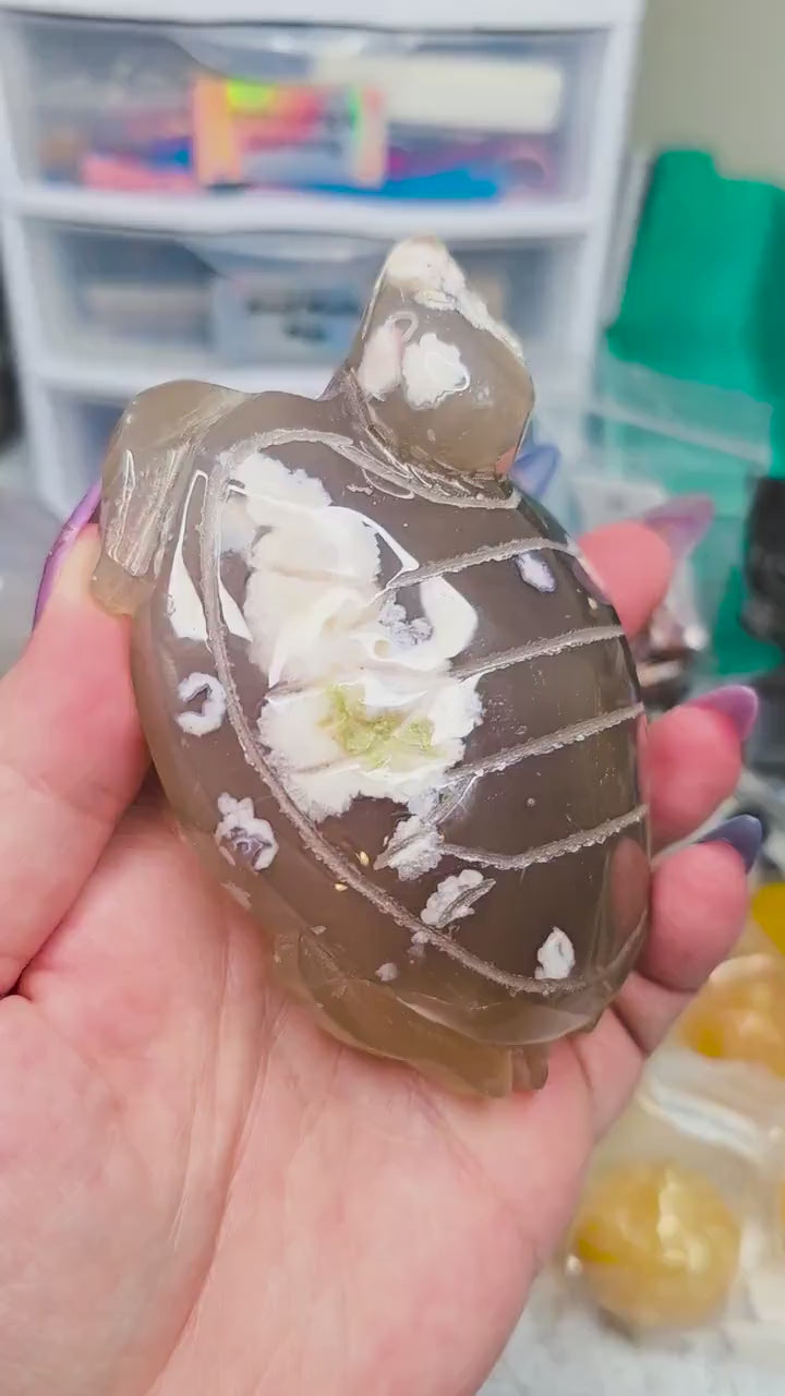 Large Hand-Carved Flower Agate Turtle Natural Decor Piece | Unique Collector's Stone