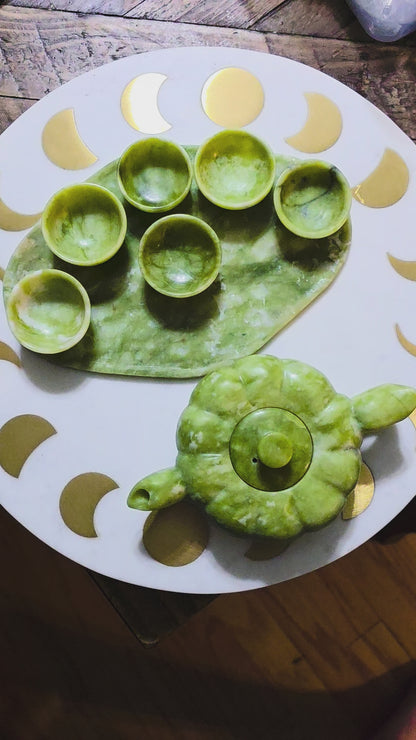 Serpentine Green Jade Crystal Carved Tea Set