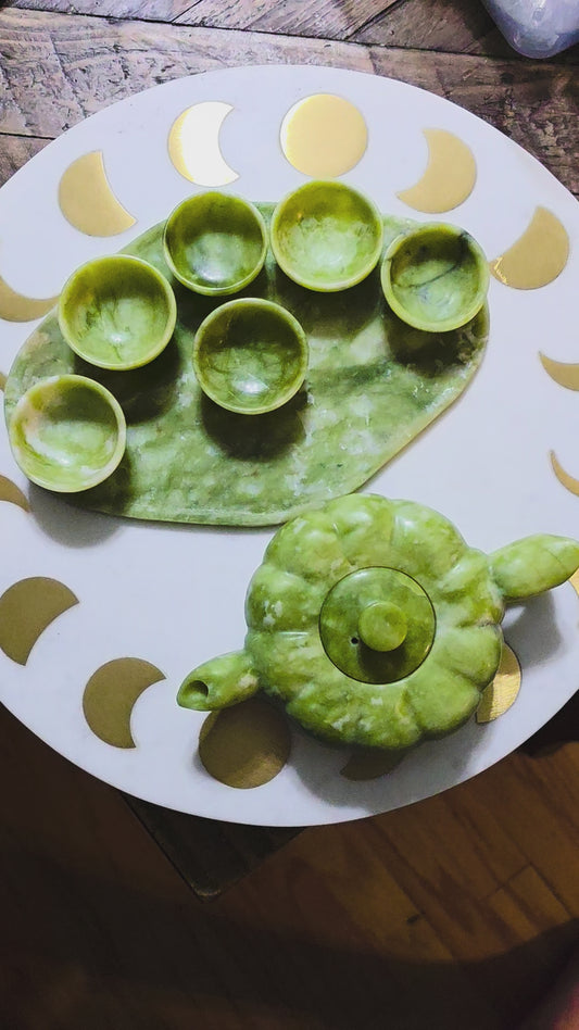 Serpentine Green Jade Crystal Carved Tea Set