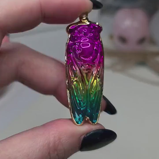 Rainbow Aura Quartz Cicada Necklace, Iridescent Insect Pendant on 20" Gold Stainless Steel Chain, Symbolic Gift for Transformation