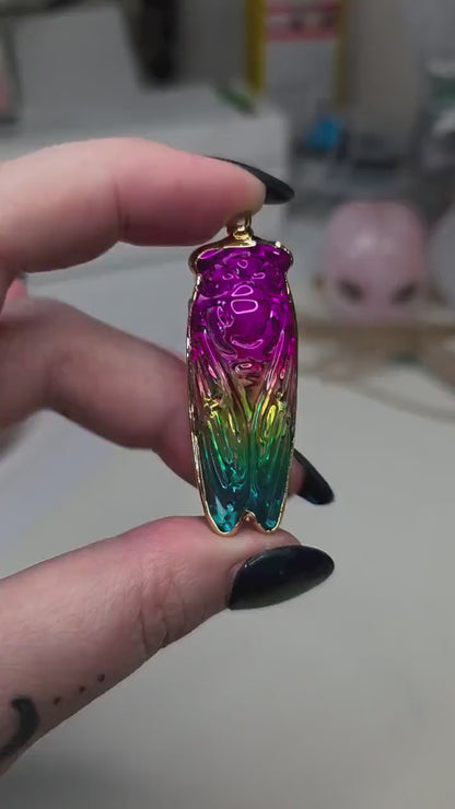 Rainbow Aura Quartz Cicada Necklace, Iridescent Insect Pendant on 20" Gold Stainless Steel Chain, Symbolic Gift for Transformation