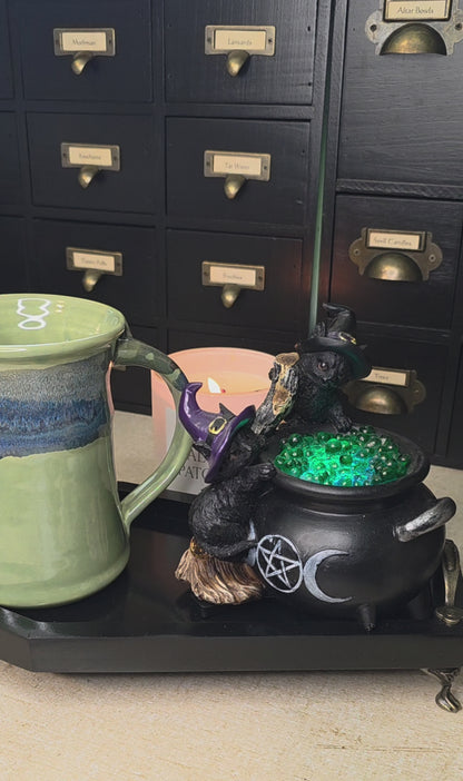 Witchy Halloween Led Light Black Cat With Cauldron & Broom 5.10"