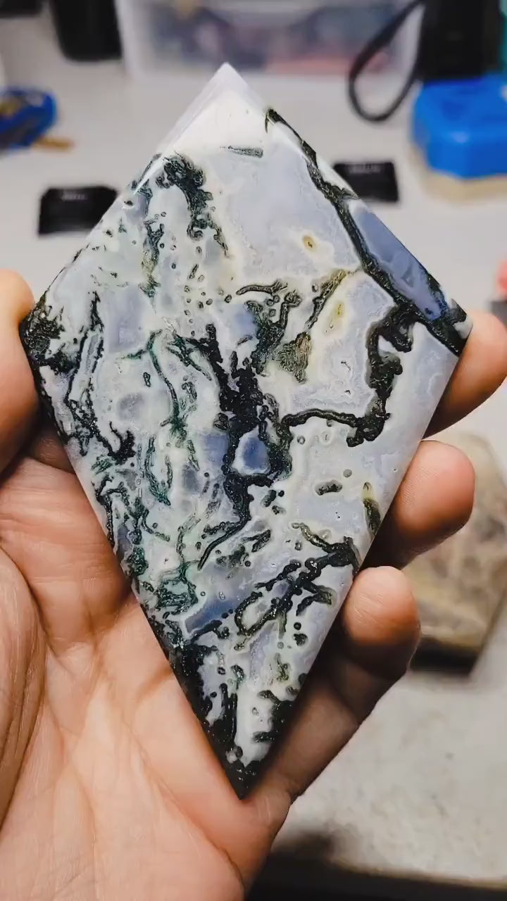 Moss Agate Rhombus Carving with Stand | Grade A Translucent | Statement Piece | Crystal Gift