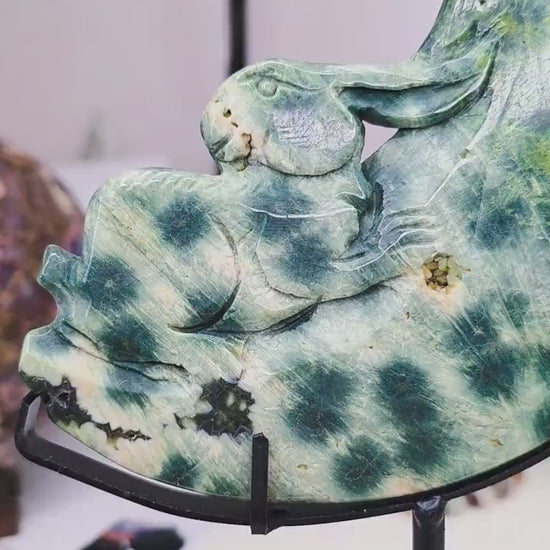 Large Ocean Jasper Rabbit on the Moon Carving | 5th Vein Green Jasper Crystal Moon | 9.5" Tall with Custom Metal Stand | Celestial Decor