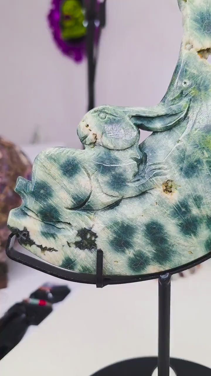 Large Ocean Jasper Rabbit on the Moon Carving | 5th Vein Green Jasper Crystal Moon | 9.5" Tall with Custom Metal Stand | Celestial Decor