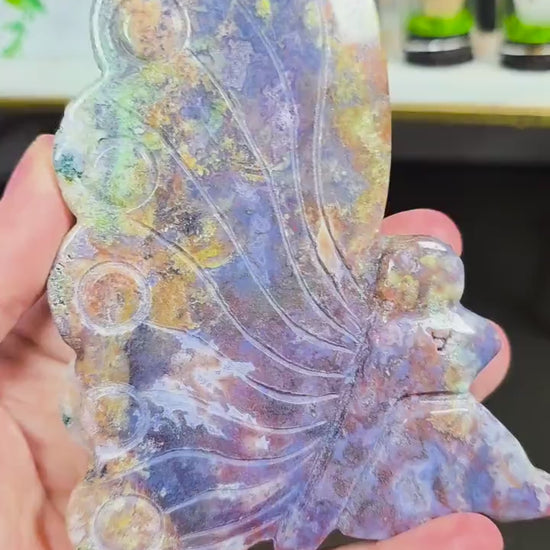 Moss Agate Fairy Carving: Freestanding Crystal Goddess Figure