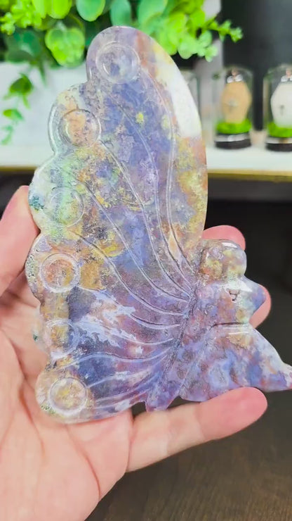 Moss Agate Fairy Carving: Freestanding Crystal Goddess Figure