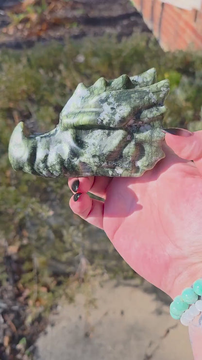Large Green Jade Dragon Head Carving (4.75") | Heavy 1.4 lb Stone Medieval Fantasy Statue