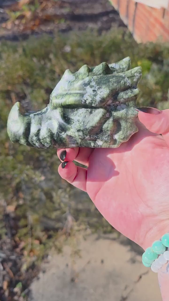 Large Green Jade Dragon Head Carving (4.75") | Heavy 1.4 lb Stone Medieval Fantasy Statue