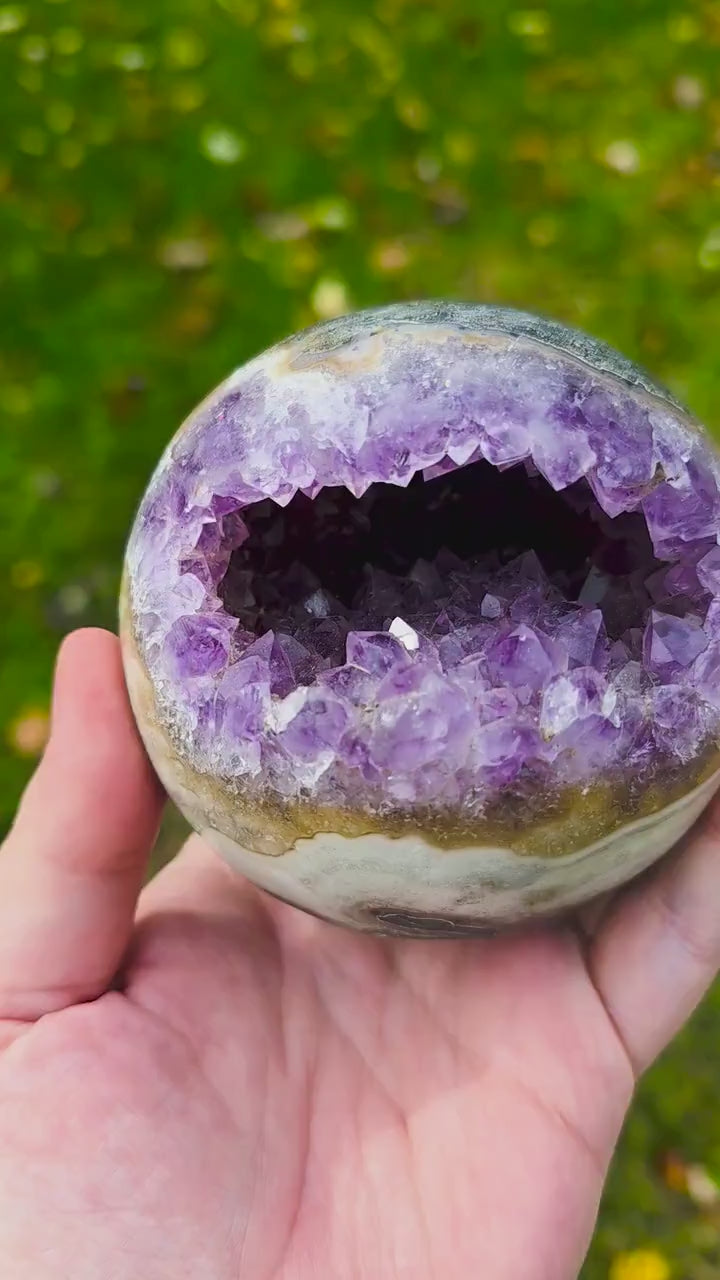 Large Amethyst "Pacman" Geode Sphere - 90mm Druzy Crystal Cave - Statement Piece