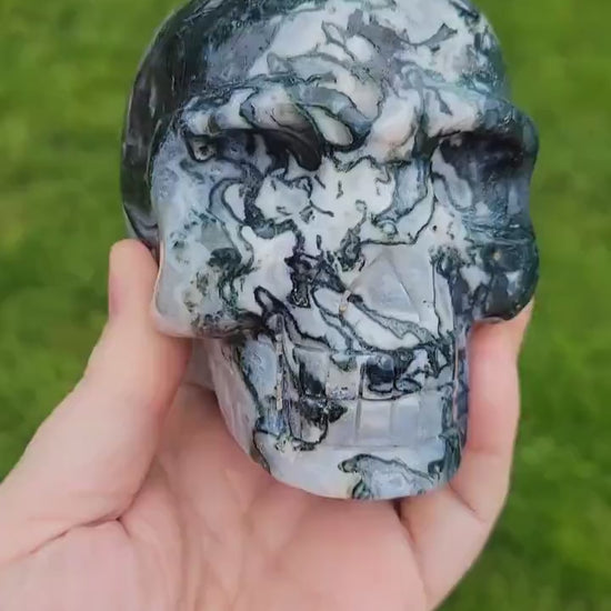 Moss Agate & Quartz Crystal Skull: Gothic Witchy Decor (4 Inch, 2 LBS)