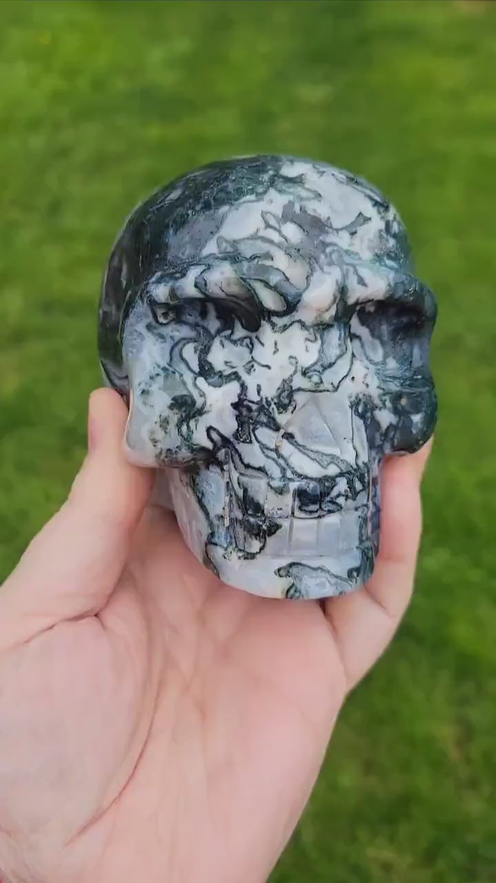 Moss Agate & Quartz Crystal Skull: Gothic Witchy Decor (4 Inch, 2 LBS)